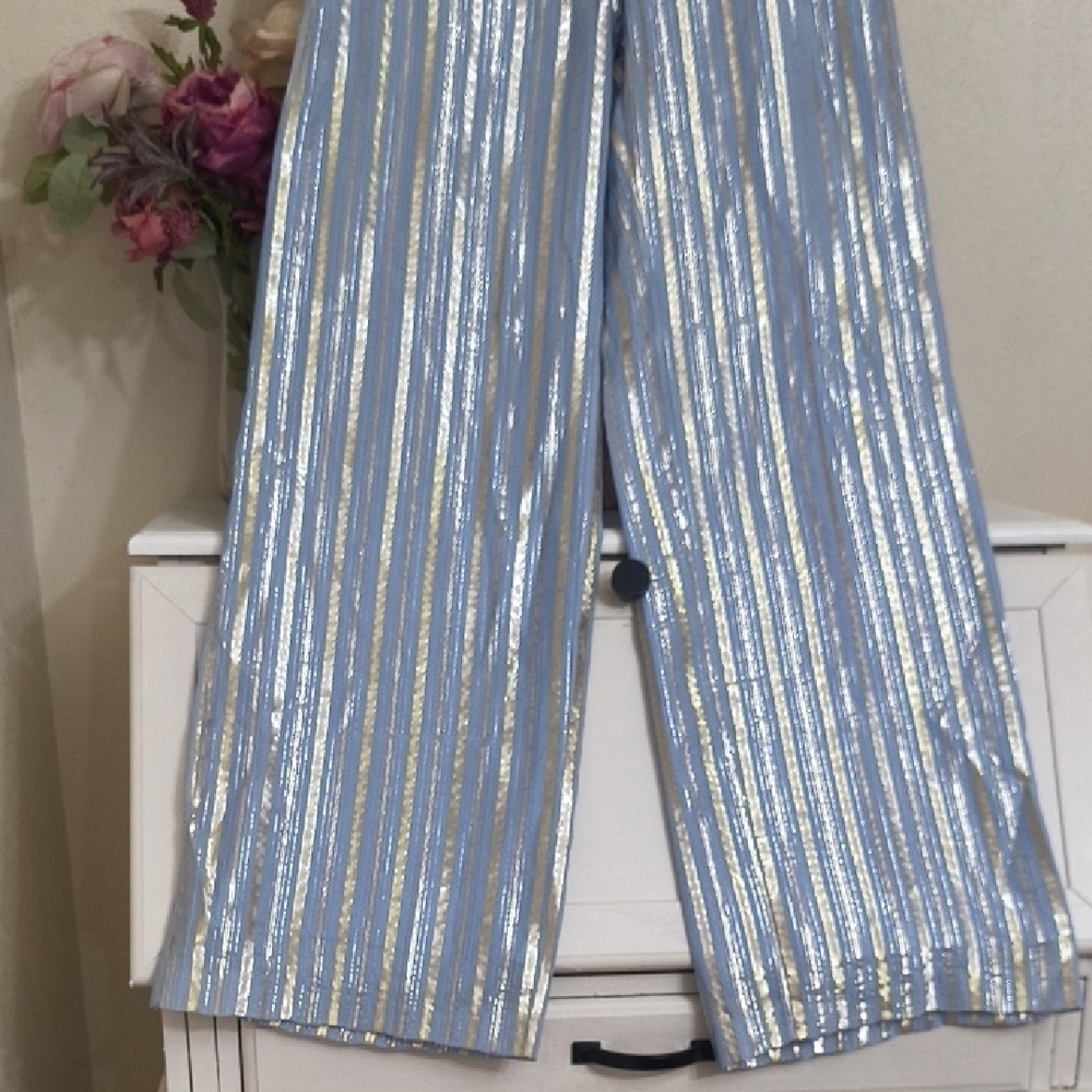 Elegant Blue and Gold Striped Women's Wide Leg Pants - Picture 4 of 9
